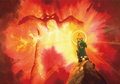 Link holding a Triforce piece towards Ganon