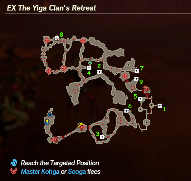 There are 9 treasure chests found in EX The Yiga Clan's Retreat.Note: These chests are shared with The Road Home, Besieged. Collecting a chest from either scenario will remove it from the other.