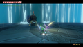 Link using his shield to deflect Zelda's light arrow at Ganondorf