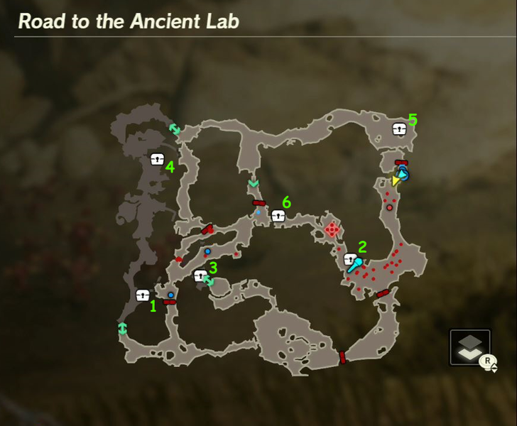 There are 6 treasure chests found in Road to the Ancient Lab.Note: These chests are shared with EX Liberate the Ancient Lab. Collecting a chest at its respective location from either scenario will remove it from the other.