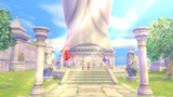 Link (his Crimson Loftwing behind him), and Zelda (her Loftwing behind her) in front of the Statue of the Goddess.