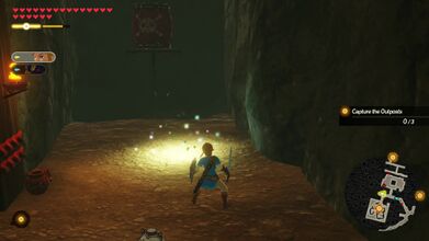 After entering the Yiga Hideout and taking the first path heading towards the first outpost, there are some sparking lights that can be examined.