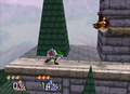 Links fighting on the Hyrule Castle stage from Super Smash Bros.