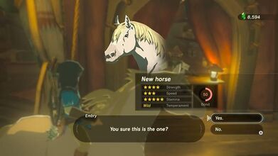 Registering the White Horse at a Stable; its stats displayed
