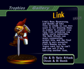 Link (Smash: Red Tunic) trophy with text from Super Smash Bros. Melee