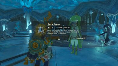 Link receiving the Zora Armor in Tears of the Kingdom