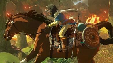Link riding the horse in the E3 2014 trailer for Breath of the Wild; note its early lighter coloration.