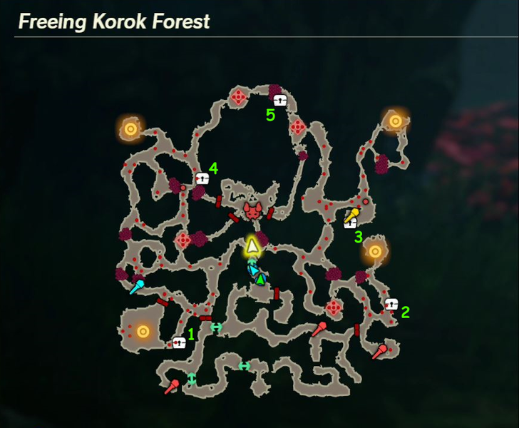 There are 5 treasure chests found in Freeing Korok Forest.Note: Chests number 1, 3, 4, and 5 are shared with EX Searching Hyrule Forest. Collecting a chest at its respective location from either scenario will remove it from the other.