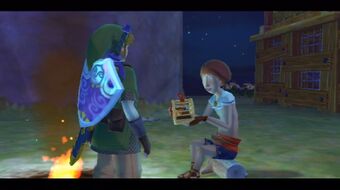 Link giving Beedle his prized Horned Colossus Beetle