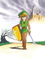 Official art of Link walking in front of the North Castle