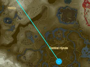 The beam's rough assumed path to/from Hyrule Field; the shot's incline may also place it further north between the assumed point and Hyrule Castle