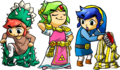Red Link trying on Cacto Clothes, Green Link wearing Legendary Dress, and Blue Link changing from Hero's Tunic to Lucky Loungewear.