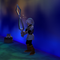 Fierce Deity Link holding the Fierce Deity Sword in Majora's boss room in Majora's Mask (N64)