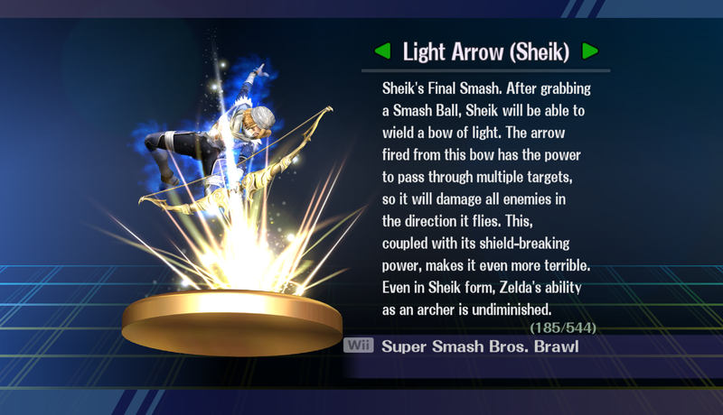 File:Light Arrow (Sheik) - SSB Brawl Trophy with text.png