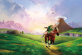 Art of Link riding Epona across Hyrule, created for Ocarina of Time 3D