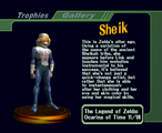 Sheik trophy from Super Smash Bros. Melee, with text