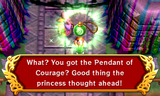 Link finding out that his "charm" is the Pendant of Courage in A Link Between Worlds