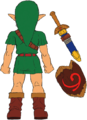 Child Link colour design sketch, back view with Kokiri Sword and Deku Shield broken out.