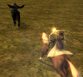 Zelda aiming the Twilight Bow at Ganondorf on horseback