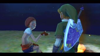 Beedle telling Link about his missing Beetle
