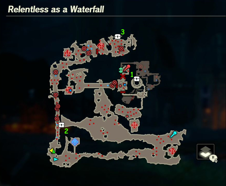 There are 3 treasure chests found in Relentless as a Waterfall.