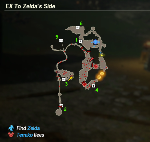 There are 6 treasure chests found in EX To Zelda's Side.Note: These chests are shared with EX Guardian of Remembrance. Collecting a chest at its respective location from either scenario will remove it from the other.