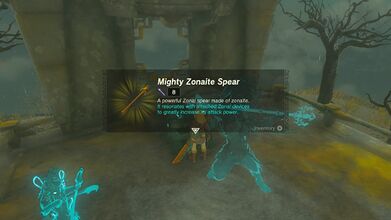 Link picking up a Mighty Zonaite Spear