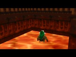 6. There is a chest on the other side that is surrounded by fire. Down below, there is a switch you can stop on as a Goron to put the fire out, but it's on fire as well. Use a Goron Stomp (A + B) on the Goron Switch on the first side, then run and roll to the other side and step on the switch before the fire returns. This will put out both flames. When you get to the other side later, open the chest.