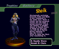 Sheik (Smash: Blue Outfit) trophy with text from Super Smash Bros. Melee