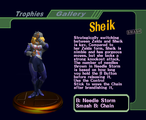 Sheik (Smash: Blue Outfit) trophy from Super Smash Bros. Melee, with text
