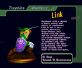 Link (Smash: Green Tunic) trophy with text from Super Smash Bros. Melee
