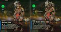 Image comparing the Ancient Helm bonuses with the Vah Medoh Divine Helm at ★★+ upgrading when worn with the Ancient Set. The helm reduces Guardian Resist Up when worn with the set.