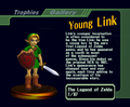 Young Link trophy from Super Smash Bros. Melee, with text