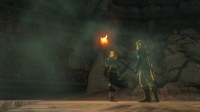 Link and Zelda examing the walls Beneath Hyrule Castle