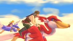 Link on his Crimson Loftwing and Zelda on her blue Loftwing fly together after the Ceremony of the Goddess.