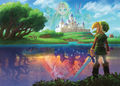 Link looks toward Hyrule Castle and Lorule Castle, ghostly images of Seres, Zelda, Ravio & Impa visible above; and Hilda & Yuga below.
