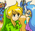 Link, Ralph, and Nayru waving goodbye to Queen Ambi
