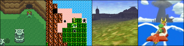 From left to right: A Link to the Past's wilderness, Adventure of Link's map, Ocarina of Time's hub, and The Wind Waker's transportation