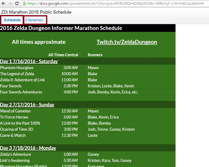 Note that there are two tabs for viewing the Schedule, and the Filenames to donate towards.