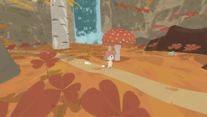 Small mushroom character writers through the woods.